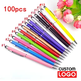 Bollpunktspennor 100 pennor av varje paket Mini Metal 2-i-1 Stylus Universal Ballpoint Pen Text Gravering Custom Office School Advertising Pen 230827