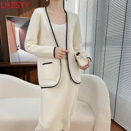 Two Piece Dress LHZSYY Women Color Matching Set 100% Cashmere Button Free Cardigan Fashion Halfskirt Spring Large Size Jacket Sweaters 230826