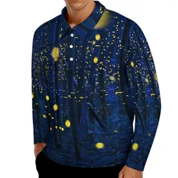 Men's Polos Forest Print Casual Polo Shirts Fireflies T-Shirts Long Sleeve Custom Shirt Autumn Fashion Oversized Tops Birthday Present