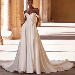 Simple Long Off Shoulder Satin Wedding Dresses With Pockets A-Line Ivory Pleats Lace Up Back Sweep Train Bridal Gown Vestido de novia Women Dresses