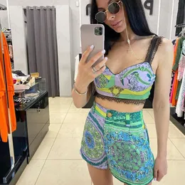Vintage Print Women Vest Shorts Sexy Lace Camisole Fashion Gold Button Pants High Waisted Shorts Tops Set