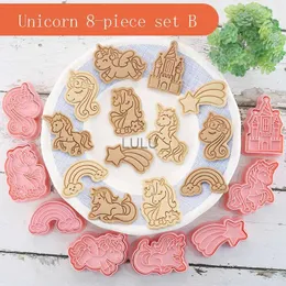 8 unids / set Cortadores de galletas Plástico 3D Forma de unicornio Dibujos animados Prensable Molde de galleta Sello de galleta Cocina Hornear Pastelería Herramienta para hornear HKD230828