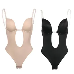 Midja mage shaper kvinnor sexig u kastar rygglös bodysuit djupt vneck sömlös thong botten underkläder vadderad push up body formewear topp för m6cd 230826