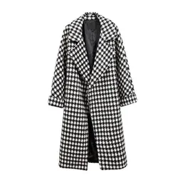 Misto lana da donna Autunno Inverno Elegante passerella pied de poule Cappotto di lana Donna Cappotti lunghi scozzesi casual larghi Giacche spesse a vita larga taglie forti 230826