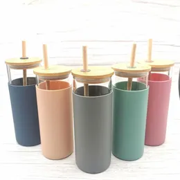 Mugs 75pcs/Lot 480ml 16oz Glass Mug Juice Cup Milk With Silicone Sleeve Bamboo Lid And Straw Car Tumbler Wine Office