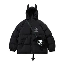 Men's Down Parkas Hip Hop Parkas Men Streetwear Devil Horns Wing Tail Designer Hooded Padded Jackets Thick Warm Puffer Bubble Coats with Doll 230828