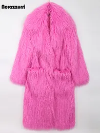 レディースファーフェイクネラッツリ冬ロングブライトブライトピンクの特大の毛むくじゃらの毛むくじゃらの柔らかいふわふわ濃い暖かいコート女性ラペル滑走路かわいいファッション230828