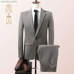 Blazer byxor set mäns slim fit casual randig mäns kostym traje caballero hombre vestir come mariage homme q230828