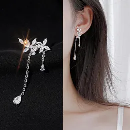 Stud Earrings Fashion Silver Color Long Chain Zircon Flower Drop Earring For Women Girls Wedding Party Elegant 2023 Trendy Jewelry Eh1777