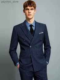 Gestreifter Herrenanzug, klassisch, Marineblau, formeller Business-Hochzeitsanzug, zweireihig, Bräutigam, Abschlussball, modisch, lässig, schmal, 2-teilig, Blazer und Hose, Q230828