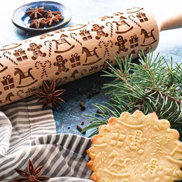 Christmas Rolling Pins Rock Snowflake Elk Wooden Rolling Embossing Baking Cake Decorating Tools Cookies Kitchen Accessories HKD230828