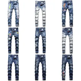 D2 masculino emblema rasga estiramento jeans roxo moda masculina fino ajuste lavado motocycle calças jeans painéis hip hop