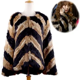 Womens Fur Faux Real Rabbit Fur Jackets Sticked Outwear Made by Twocolor Stripe Coats Wholesale and Retail Happihop 230828