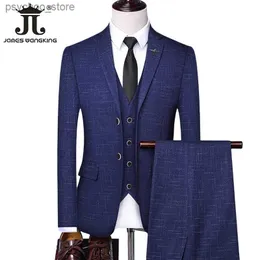 (Giacca + gilet + pantaloni) Abito da uomo casual da ufficio per affari a quadri Set di tre e due abiti da sposa da sposo Abito scozzese da uomo Q230828