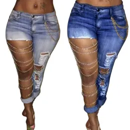 Jeans femininos moda alta espera calças empilhadas calças mulheres jeans mid rise exagerado rasgado buracos magros lápis calças calças desgaste diário 230826