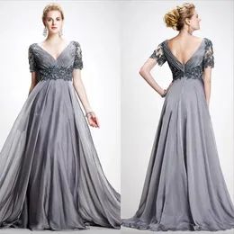 Gray Long Mother Of The Bride Dresses V Neck Short Sleeves Appliques Beaded Chiffon Plus Size Evening Gowns Prom Dresses