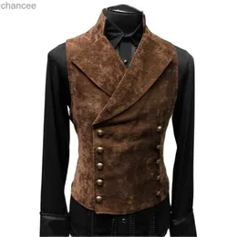 Męskie podwójne piersi gotycki steampunk velvet kamizelka stojak na kołnierz średniowieczny wiktoriański kamizelka cosplay Costplay Costume skóra HKD230828