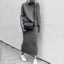 Two Piece Dress Fashion Women Slim Sweater Skirt Two Pieces Set Loose High Collar Casual Autumn Femme Knitted Blouse Skirt Suit Pullover Sweater 230826