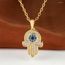 Pingente colares charme ouro cor corrente colar criativo olho palma lindo cristal azul pedra redonda para mulheres jóias