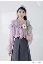 Женские блузки модный корейский шикарный дизайн круглый шея шифоновые рубашки с длинными рукавами пурпурные оборки кружевные винтажные элегантные женские топы