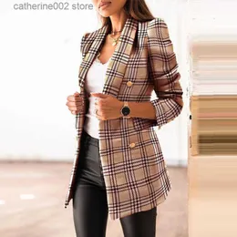 Wełniowa mieszanka damskiej kurtki jesień 2023 Traf moda podwójna piersi Tweed Blazer Płaszcz Vintage Długie rękawie żeńska odzież wierzchnia
