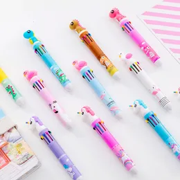 Ballpoint Pens 10 PCS Flamingo Unicorn Dinosaur Cartoon Head Ten Color Point Pert Pen Student Studetery Doodle Pen Wholesale 230827