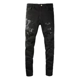 Mens Jeans Black Distressed Snake Patches Italian Drip Damaged Holes Slim Fit Stretch Ripped 230828