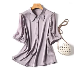 2023年夏の女性用の女性のブラウスシルクシャツは、ゆったりとした半袖のサテンカジュアルトップ食用の木服ycmyunyan