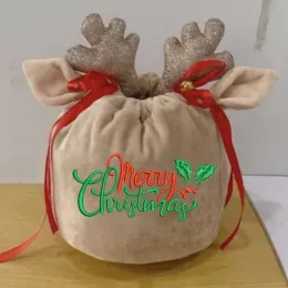Partihandel Custom Cute Cute Reindeer Velvet Drawstring Santa Sack Antler Christmas Gift Bag 828