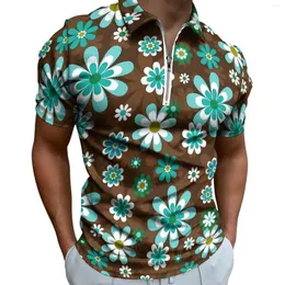 رجال Polos Retro Mod Flowers قمصان البولو Men Prown و Blue Disual Dishal Daily Zipper Thirts Tops بأكمام قصيرة بأكمام كبيرة الحجم