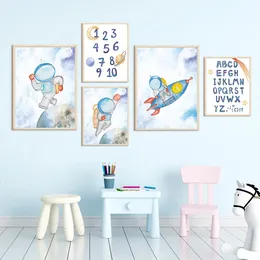 Canvas Painting Numbers Alphabet Cartoon Astronaut Rocket Space Posters And Prints Wall Art Wall Pictures Kids Boy Bedroom Living Room Decor Gift No Frame Wo6