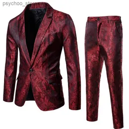 Wine Red Paisley Suit (Jacket+Pants) Men Nightclub Fashion Blazers Single Breasted Mens Suits Stage Party Wedding Tuxedo Blazer Q230828