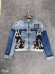 Women's Jackets Foreign Trade Original Single Spanish Color Splicing Short Coat Leopard Print Stick Cloth Nailed Bead Denim