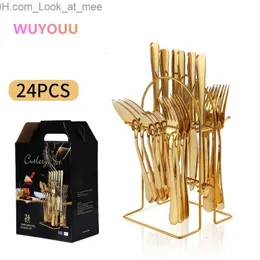 24Pcs Colorful Upscale Gold Dinnerware Set Stainless Steel Cutlery Set Kitchen Mirror Tableware Set Knife Fork Spoon Dinner Set Q230830