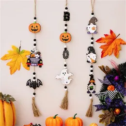 Halloween Wooden Beads Pendant Gnome Pumpkin Bat Ghost Hanging Ornaments for Wall Home Party Tray Decoration Prop GC2264