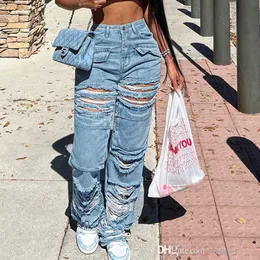 2023 New Streetwear Womens Denim Cargo Pants Fashion Ripped Jeans Solid Color Baggy Long Trousers with Pockets Overalls