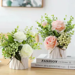 Jarrones Conjunto de flores artificiales nórdicas Plantas de rosas Jarrón de cuerda de cerámica en maceta para mesa Fiesta en casa Oficina Decoración de boda