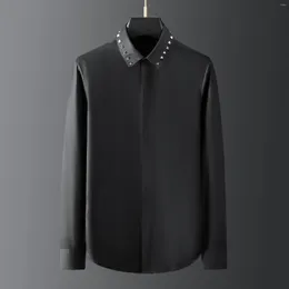 Men's Casual Shirts Minglu Solid Color Mens Luxury Metal Diamond Rivets Long Sleeve Dress Fashion Slim Fit Party Man Shirt