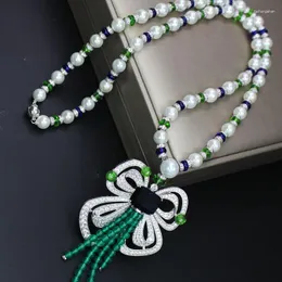Pendant Necklaces Top Quality Fashion Copper Jewely Cubic Zirconia Party Jewelry Butterfly Necklace Purple Green Bead Tassels Pearl Sweater
