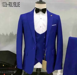 Abiti da uomo blu royal 3 pezzi slim fit blazer formale gilet pantaloni set giacca classica elegante smoking da sposa per uomo Q230828