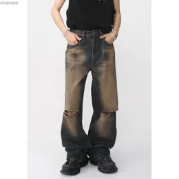 2023 Summer Men's Metal Button Hole Jeans Fashion Trend Casual Pants Loose New Retro Streetwear Blue Color Trousers S-XL HKD230829