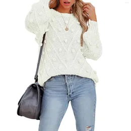 Kvinnors tröjor Kvinnor Casual Warm Knit Sweater Fashion Long Sleeve Crew Neck Neck Solid Pullover Tops With Balls Knitwear For Fall Winter