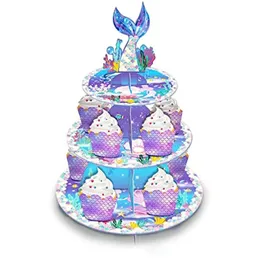 Other Festive Party Supplies Mermaid Cake Stand 3-Tier Cardboard Cupcake Holder Tower Round Desserts Pastry Serving Tray For 12-18 C Dhpij