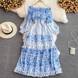 Casual Dresses French Style Elegant Big Swing Maxi Women Slash Neck Long Sleeve Print Vintage Backless Sexy Chiffon Dress