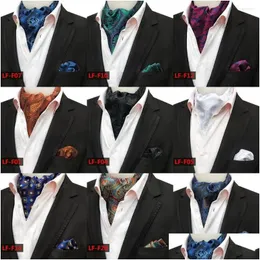 Arco laços paisley floral ascot e bolso quadrado conjunto homens gravata de seda verde azul cravat caju flor tecido pescoço gravata a034 gota entrega dhj3s