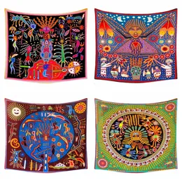 Tapestries Sun Moon Huichol Art Yarn Paints Folk Shaman Tapestry Mexican Native Tapestry by Ho Me Lili for Wall Decor 230828