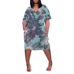 Casual Dresses Women V Neck Short Sleeve Floral Print Dress A Line Swing Midi Long Straight Pockets Plus-size