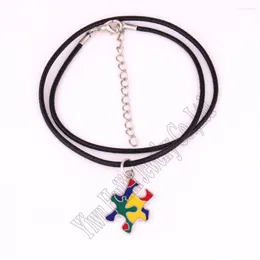 Pendant Necklaces Autism Hope Puzzle Piece Pattern Hand Applied Enamel Colors With Leather Rope Chain ID Necklace Awareness Jewelry