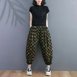 Kvinnors jeans 2023 Spring Autumn Arts Style Women Cotton Denim Elastic midje Harem Pants Loose Casual Plaid Ankle-Length C803