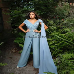 Graceful Blue Jumpsuit Evening Dress Chic V Neck Sequin Prom Dress Turkey Arabic Dubai Formal Occasion Birthday Vestido De Novia Pant Suit Abaya Party Suits